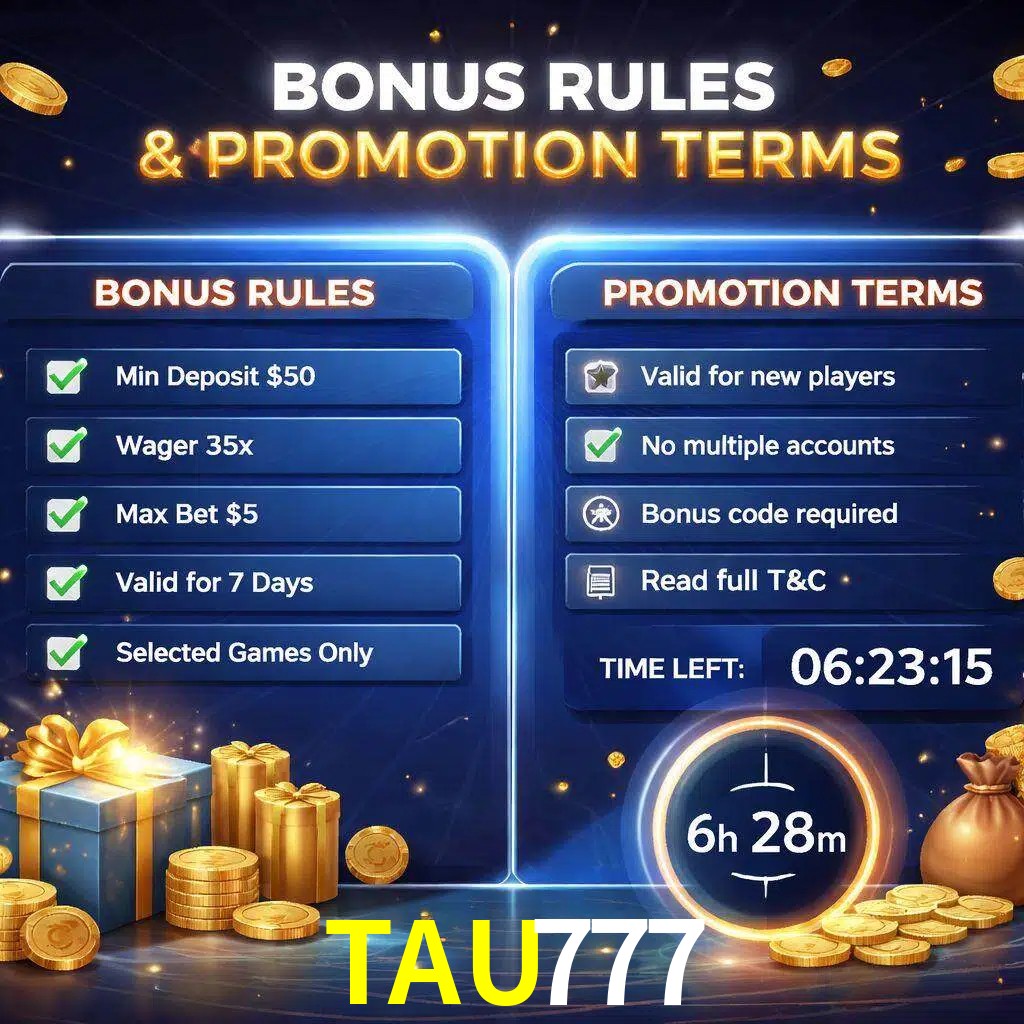 Reglas de promoción TAU777 y condiciones de bonos explicadas visualmente