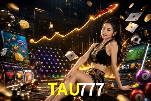 Una escena digital vívida inspirada en casino con TAU777 mostrado prominentemente, luces brillantes, fichas, cartas y acentos dorados.